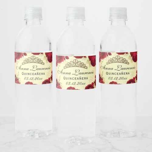 Red And Gold Floral Quinceanera Water Bottle Label