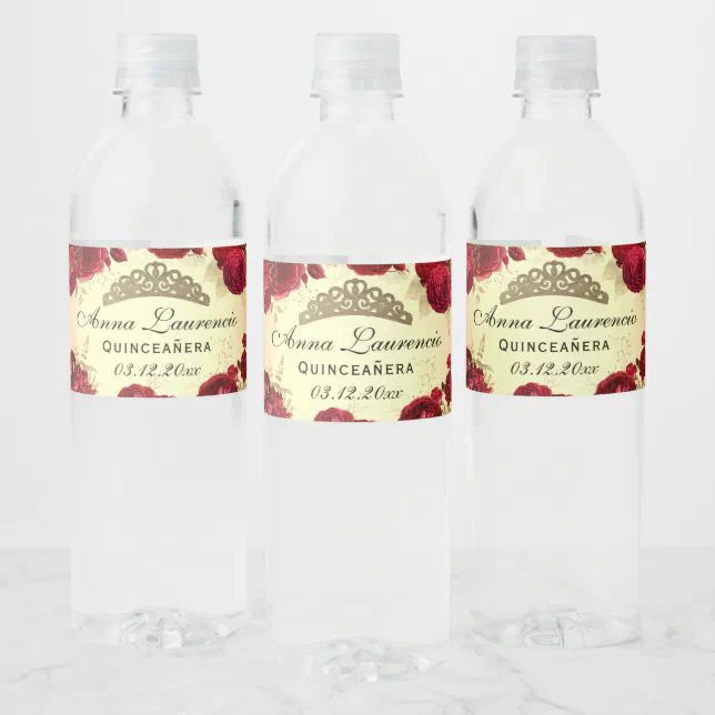 Red And Gold Floral Quinceanera Water Bottle Label Zazzle