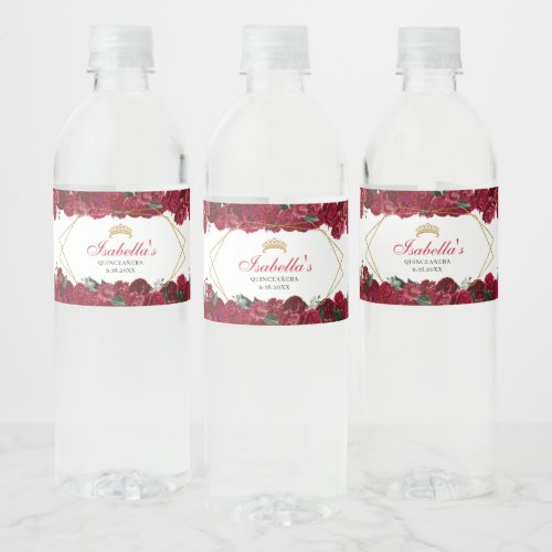 Red and Gold Floral Quinceanera Water Bottle Label