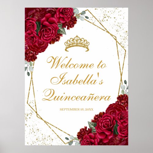 Red and Gold Floral Quinceanera Welcome Poster