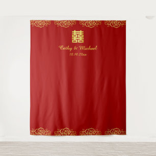 Red and gold floral rose chinese wedding backdrop
