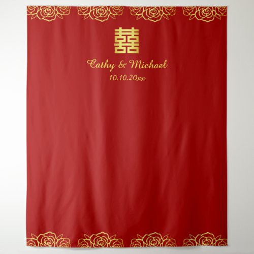 Red and gold floral rose chinese wedding backdrop