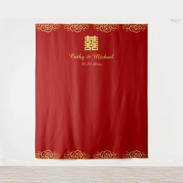 Red and gold floral rose chinese wedding backdrop (Front)
