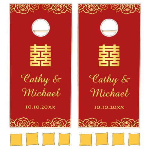 Red and gold floral rose Chinese wedding  Cornhole Set