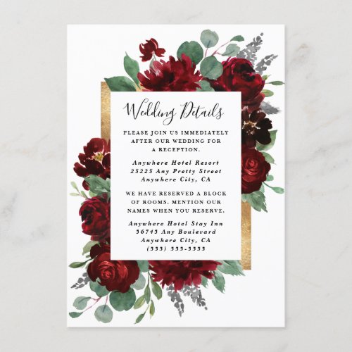 Red and Gold Floral Roses Greenery White Wedding Enclosure Card