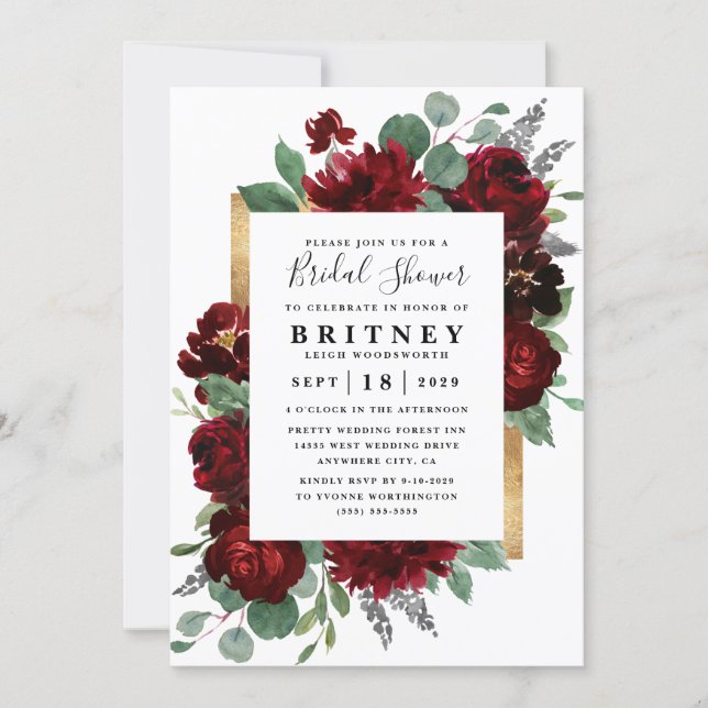 Red and Gold Floral Rustic Elegant Bridal Shower Invitation (Front)