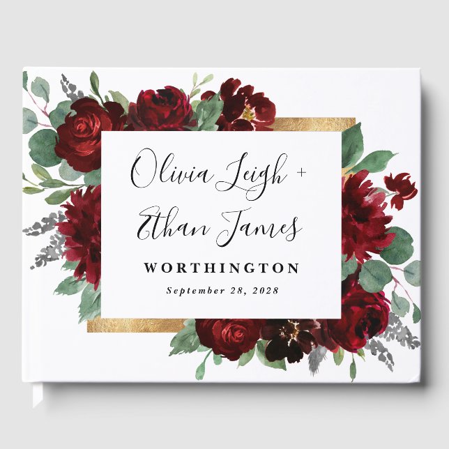 Red and Gold Floral Rustic Elegant White Wedding Guest Book (Front)