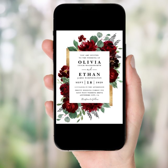 Red and Gold Floral Rustic Elegant White Wedding Invitation (Front Digital)