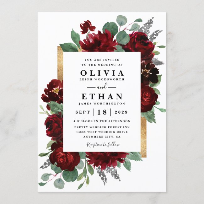 Red and Gold Floral Rustic Elegant White Wedding Invitation