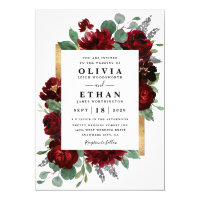 Red and Gold Floral Rustic Elegant White Wedding Invitation