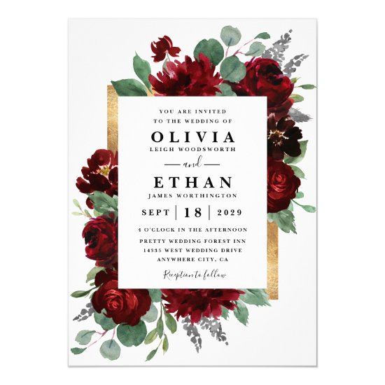 Red and Gold Floral Rustic Elegant White Wedding Invitation