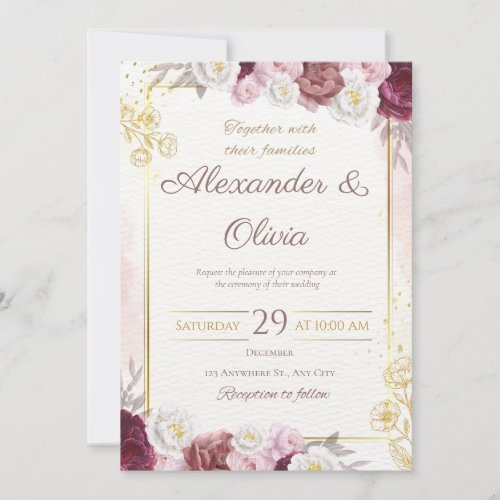 Red and Gold Floral Rustic Elegant White Wedding Invitation
