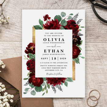 Red And Gold Floral Rustic Elegant White Wedding Invitation by RusticWeddings at Zazzle