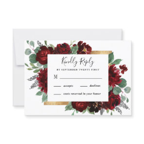 Red and Gold Floral Rustic Elegant White Wedding RSVP Card
