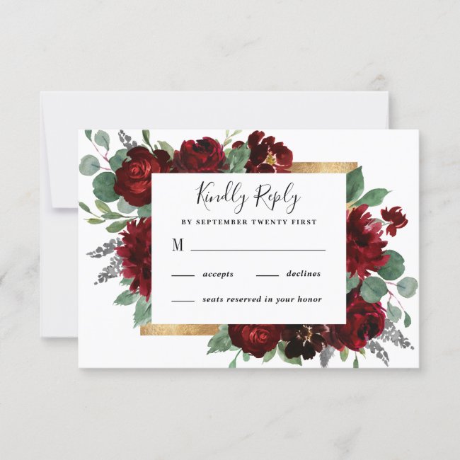 Red and Gold Floral Rustic Elegant White Wedding RSVP Card