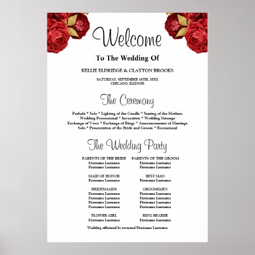 Red And Gold Floral Wedding Ceremony Program Sign