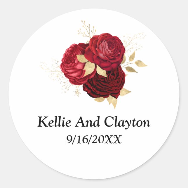 Red And Gold Floral Wedding Classic Round Sticker (Front)