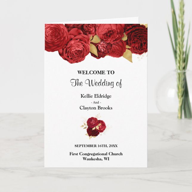 Red And Gold Floral Wedding Folded Program (Front)