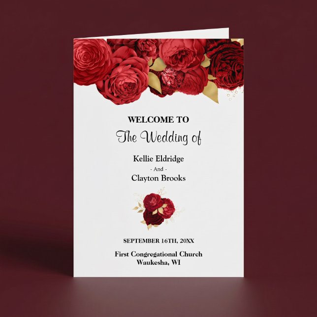 Red And Gold Floral Wedding Folded Program (Creator Uploaded)