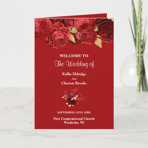 Red And Gold Floral Wedding Folded Program