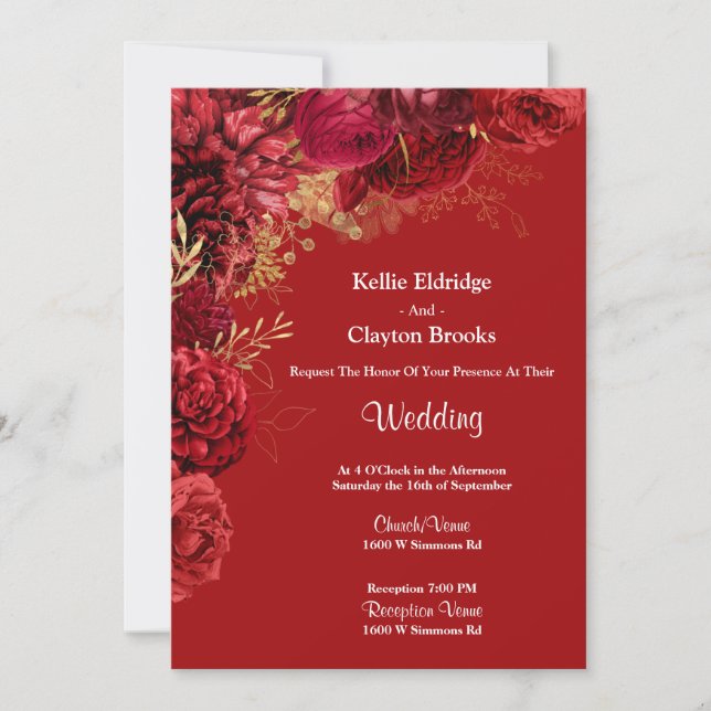 Red And Gold Floral Wedding Invitation (Front)