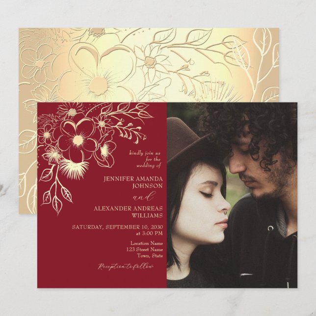 Red and Gold Floral Wedding Photo Invitation (Front/Back)