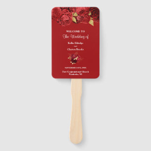 Red And Gold Floral Wedding Program Hand Fan