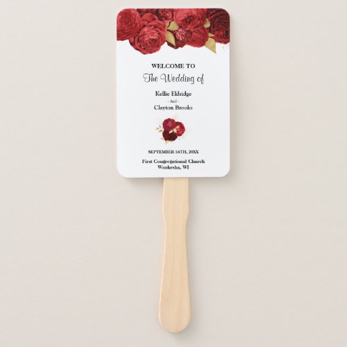 Red And Gold Floral Wedding Program Hand Fan