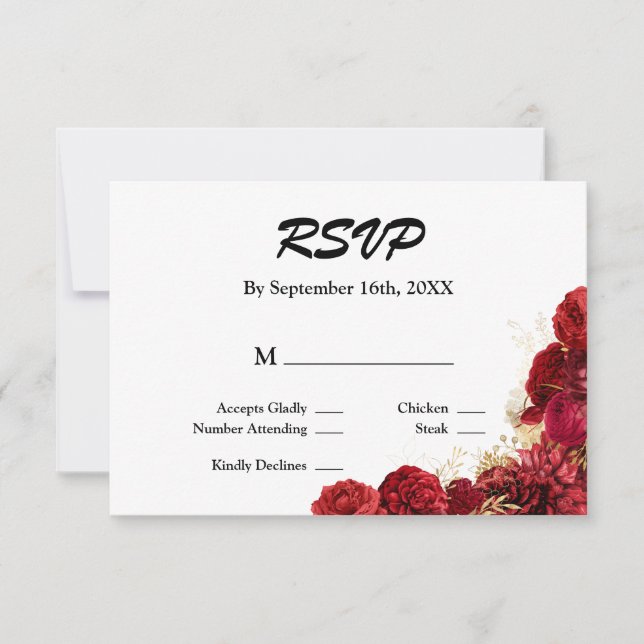 Red And Gold Floral Wedding RSVP Card (Front)