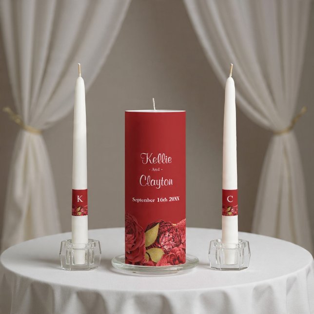 Red And Gold Floral Wedding Unity Candle Set (Creator Uploaded)