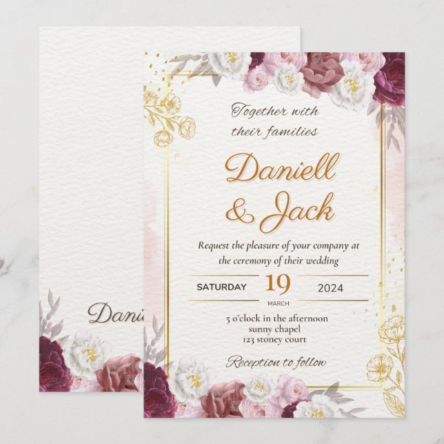 Red and gold floral weeding invitation (Front/Back)