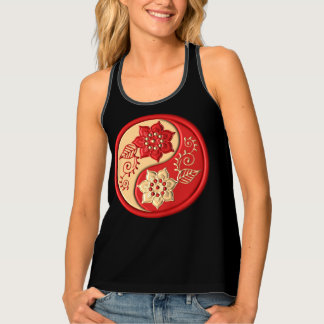Red and Gold Floral Yin Yang Black Background Tank Top