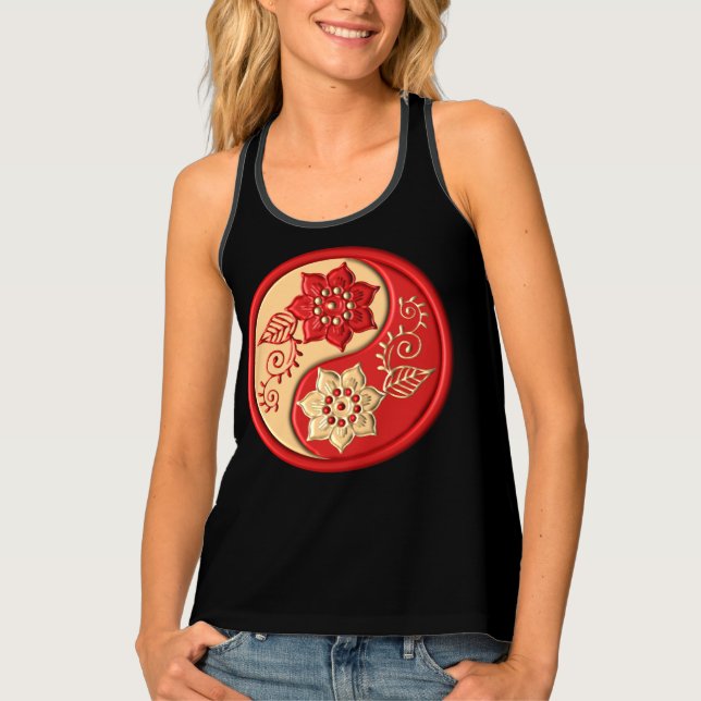 Red and Gold Floral Yin Yang Black Background Tank Top (Front)
