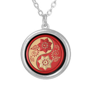 Red and Gold Floral Yin Yang Silver Plated Necklace