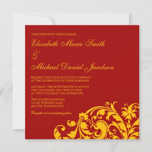 Red and Gold Flourish Swirl Wedding Personalized Invitations