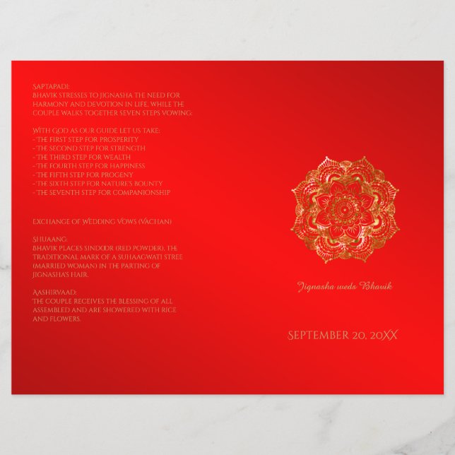 Red and Gold Flower Indian Wedding Program (Front)