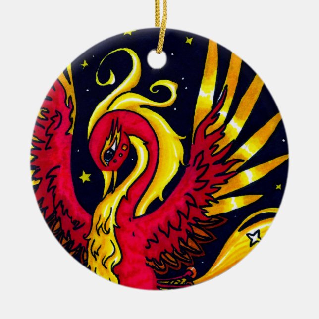 Red and Gold flying phoenix Ceramic Ornament (Front)