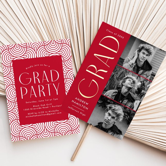 Red and Gold Foil 3 Photo Graduation Party Foil Invitation (Creator Uploaded)