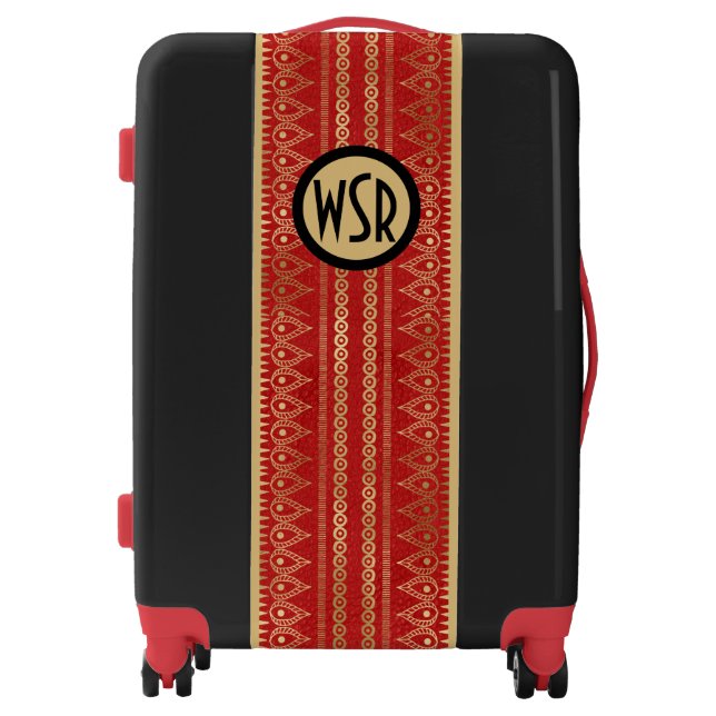 Red and Gold Foil Bohemian Egyptian Monogrammed Luggage (Front)