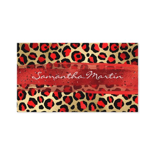 Red and Gold Foil Leopard Brush Stroke Business Card