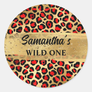 Red and Gold Foil Leopard Wild One Classic Round Sticker