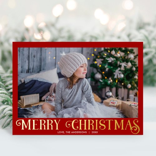 Red and Gold Foil Modern Merry Christmas photo Foil Holiday Card