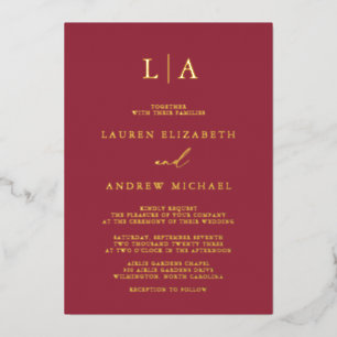 Red and Gold Foil Monogram Minimalist Wedding Invitation