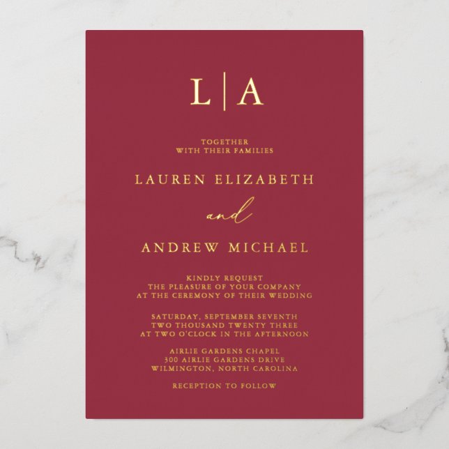 Red and Gold Foil Monogram Minimalist Wedding Invitation (Front)
