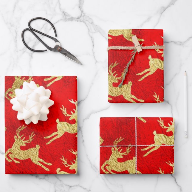 Red and Gold Foil Reindeer Christmas Wrapping Paper Sheets (Front)
