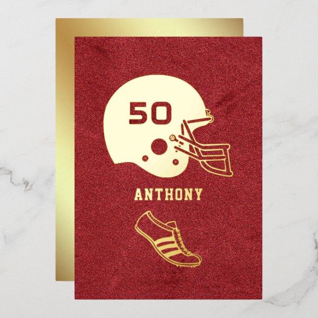 Red and Gold Football Birthday Chalkboard Foil Invitation (Front/Back)