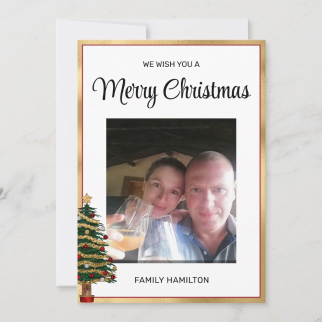  Red and Gold Frame Christmas Photo Flat Holiday Card (Front)