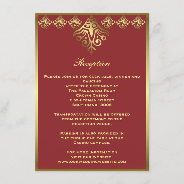Red and Gold Framed Ornamental Wedding Reception Enclosure Card (Front)