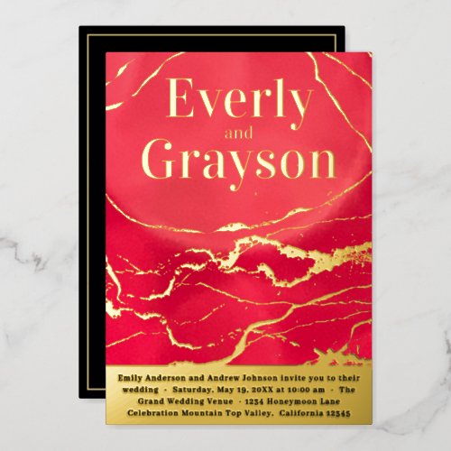 Red and Gold Galaxy Marble Gold Wedding Foil Invitation