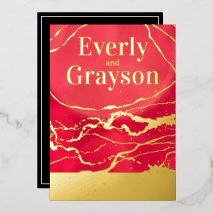 Red and Gold Galaxy Marble Gold Wedding Foil Invitation